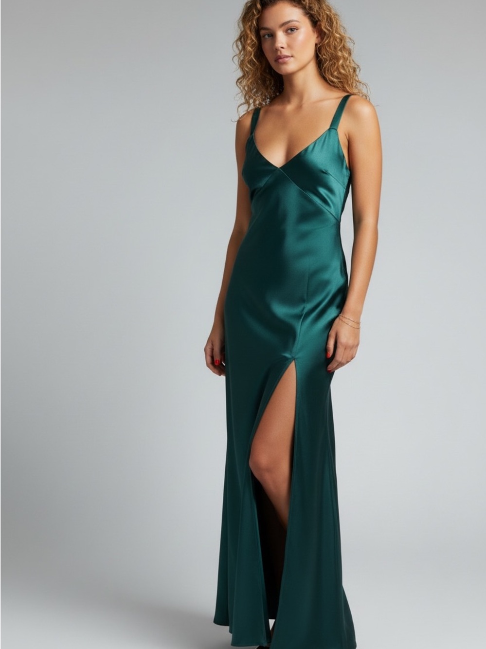 Show Me Your MuMu Anderson Deep Emerald Satin Slip Dress with Thigh Slit